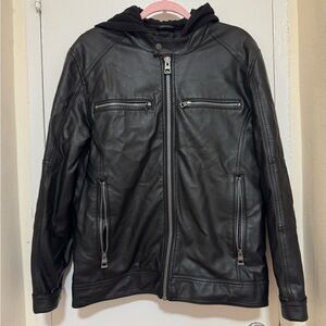 Guess Black Hooded Leather Jacket